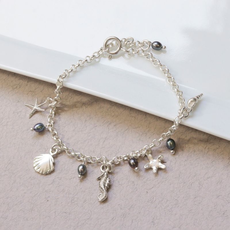 925 Silver Women's Bracelet, Black Pearl & Charms - June Birthstone Gift
