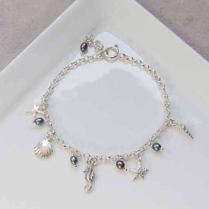 925 Silver Women's Bracelet, Black Pearl & Charms - June Birthstone Gift