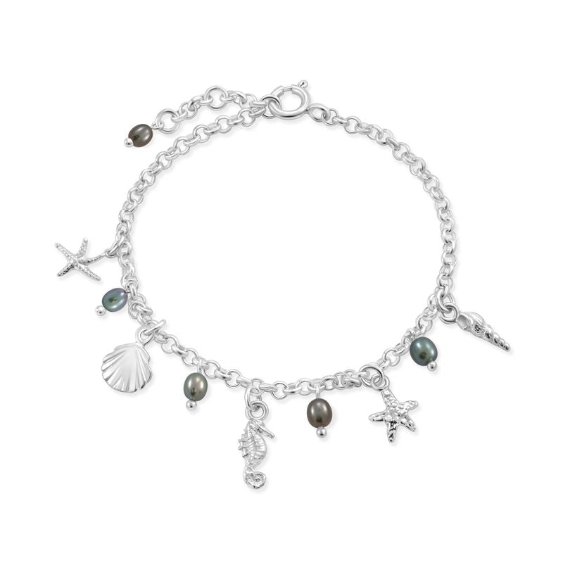 925 Silver Women's Bracelet, Black Pearl & Charms - June Birthstone Gift