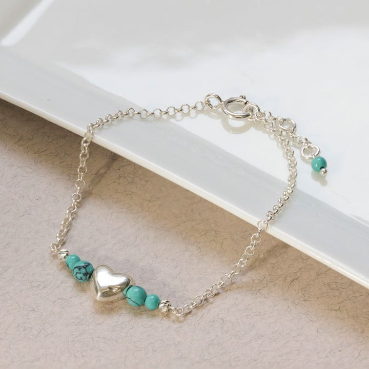 925 Silver Turquoise Heart Charm Bracelet - December Birthstone Gift