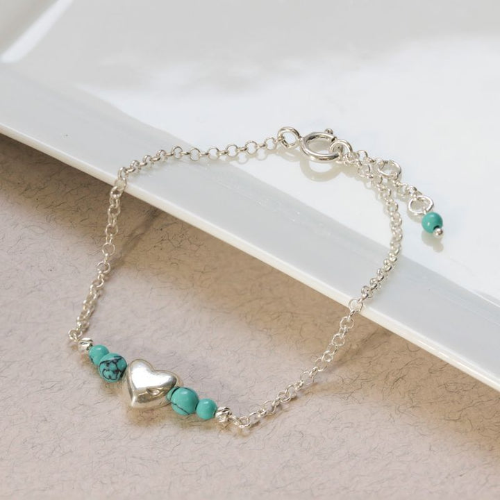 Silver Beaded Heart Bracelet with Turquoise Beads