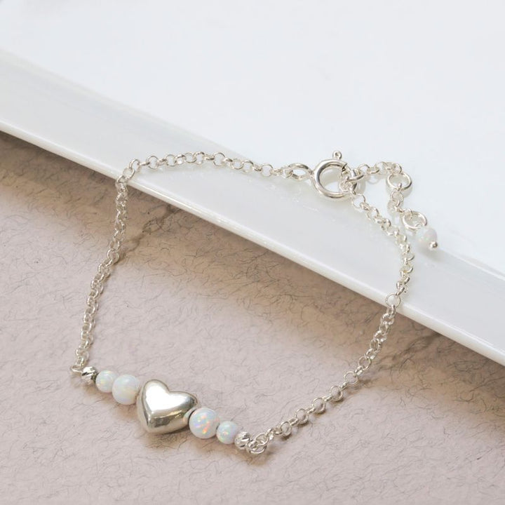925 Silver Heart Charm Bracelet with White Opal - Handmade Gift
