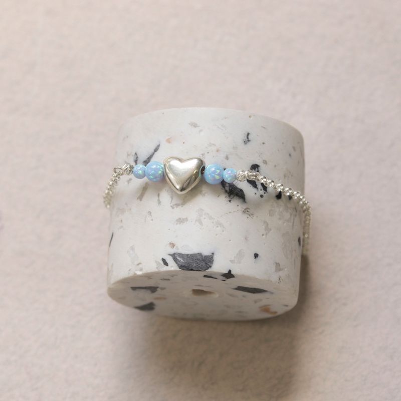 925 Silver Blue Opal Heart Charm Bracelet - October Birthstone Gift