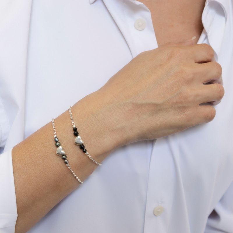 Silver Beaded Heart Bracelet with Black Pearl Beads