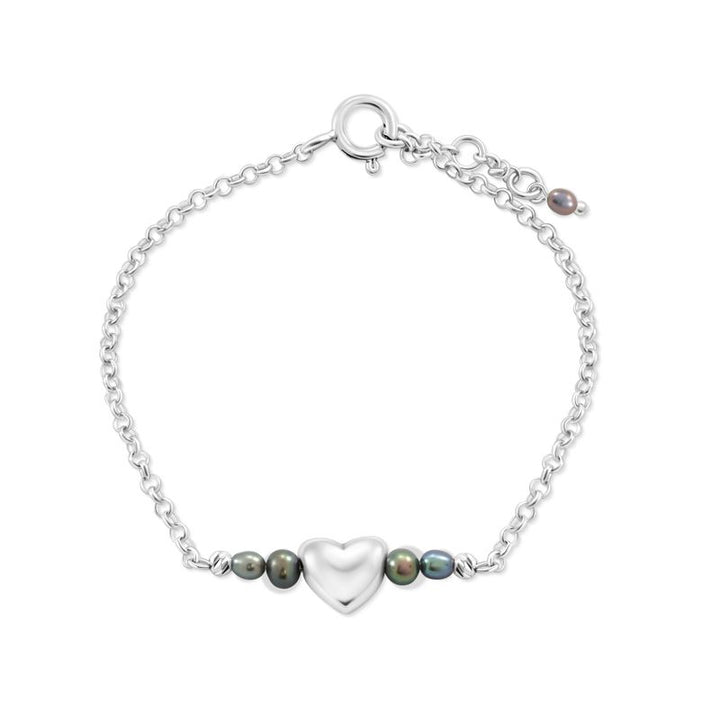 Silver Beaded Heart Bracelet with Black Pearl Beads