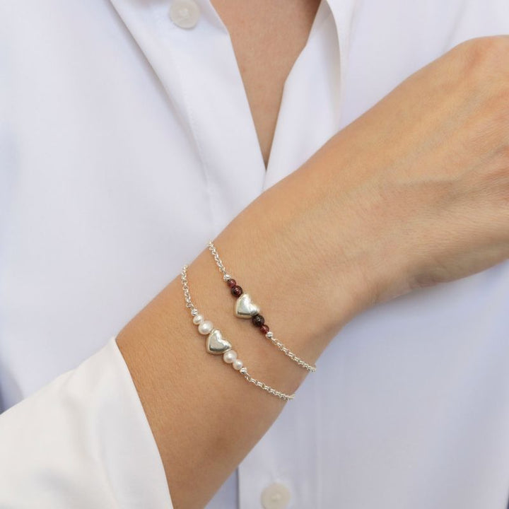 Silver Beaded Heart Bracelet with White Pearl Beads