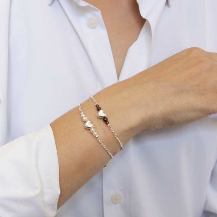 Silver Beaded Heart Bracelet with White Pearl Beads