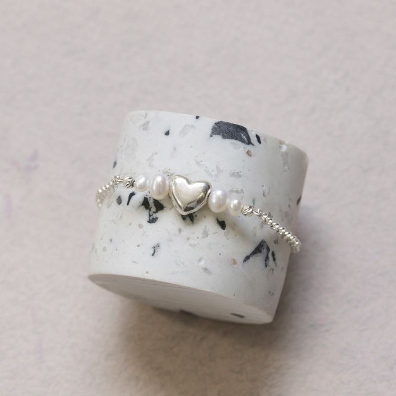 Silver Beaded Heart Bracelet with White Pearl Beads