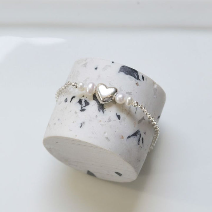 Silver Beaded Heart Bracelet with White Pearl Beads