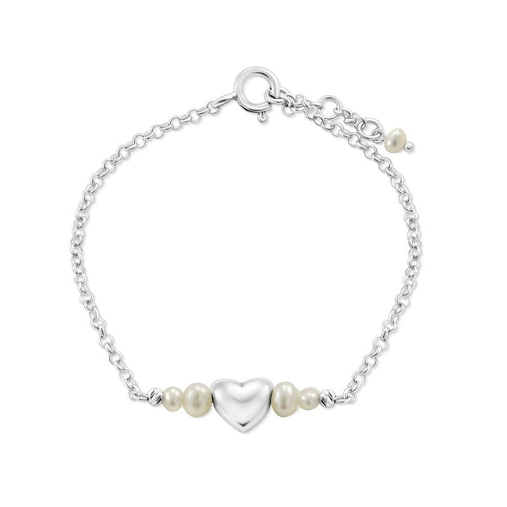Silver Beaded Heart Bracelet with White Pearl Beads