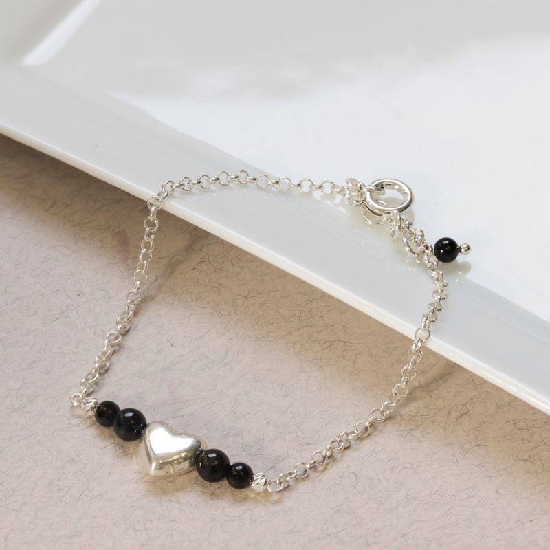 925 Silver Onyx Bracelet with Heart Charm - July Birthstone Gift