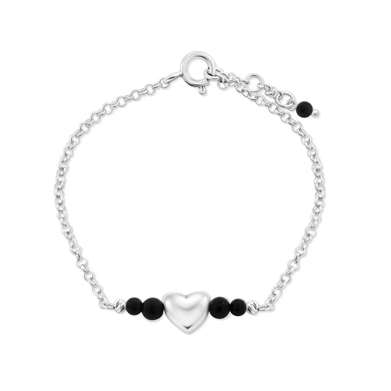 925 Silver Onyx Bracelet with Heart Charm - July Birthstone Gift