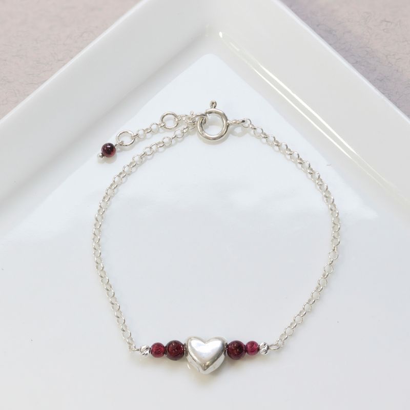 925 Silver Garnet Heart Charm Bracelet - Handmade January Birthstone Gift