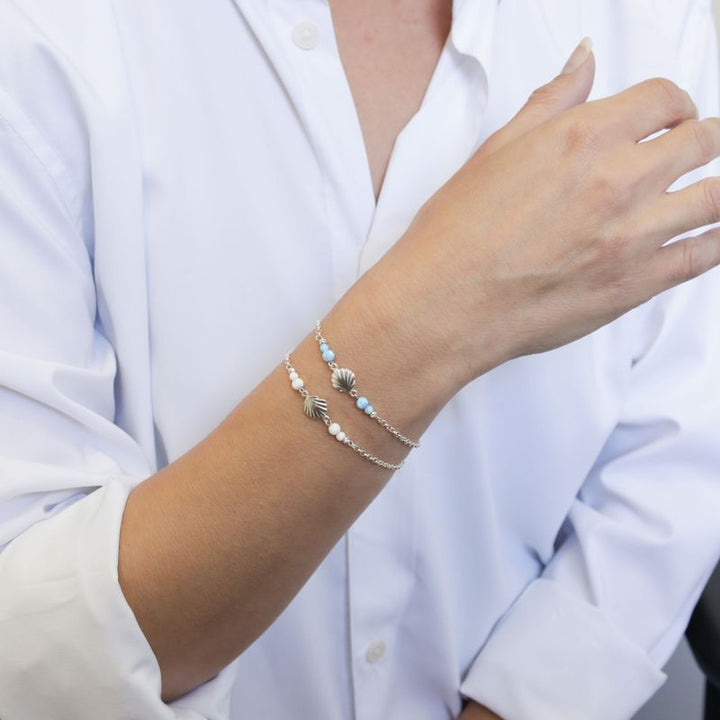 Silver Seashell Beaded Bracelet with Blue Opal Beads