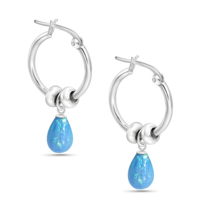 Silver Hoop Earrings with Blue Opal Pear Cut