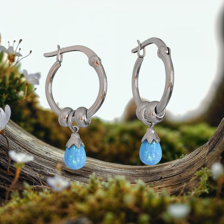 Silver Hoop Earrings with Blue Opal Pear Cut