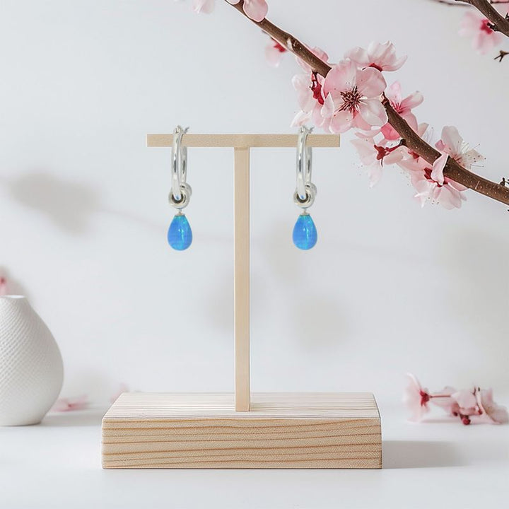 Silver Hoop Earrings with Blue Opal Pear Cut