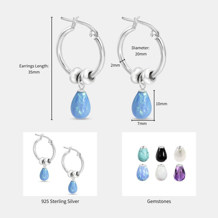 Silver Hoop Earrings with Blue Opal Pear Cut