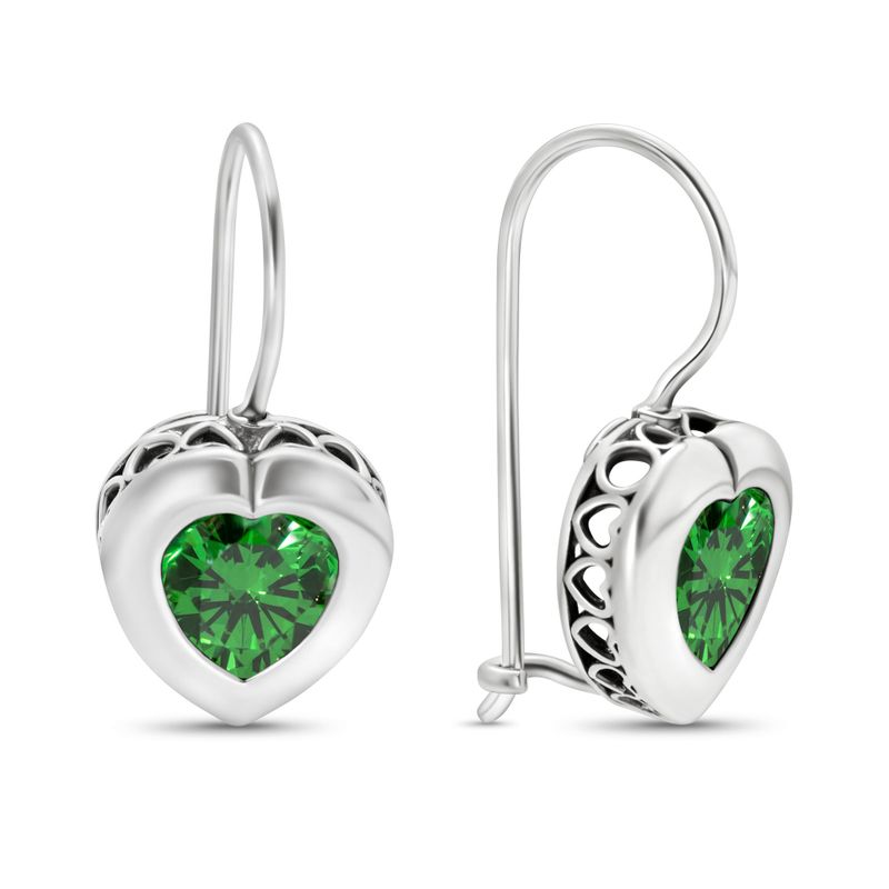 Silver Drop Earrings with 7-Facet Green Zirconia Heart