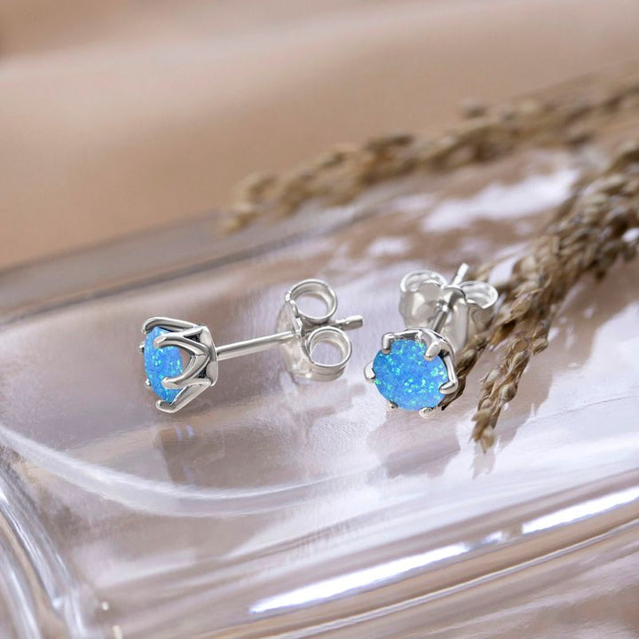 Silver Stud Earrings with Blue Opal