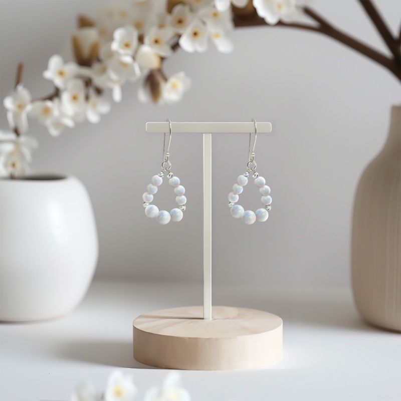 Silver Drop Earrings with White Opal Teardrop Beads