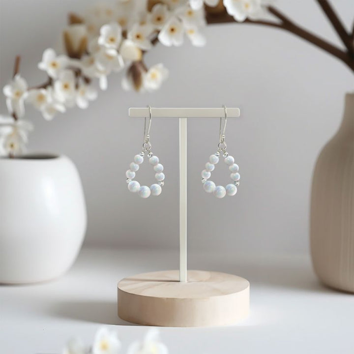 Silver Drop Earrings with White Opal Teardrop Beads