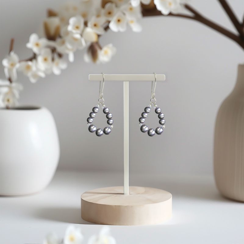 Silver Drop Earrings with Black Pearl Teardrop Beads