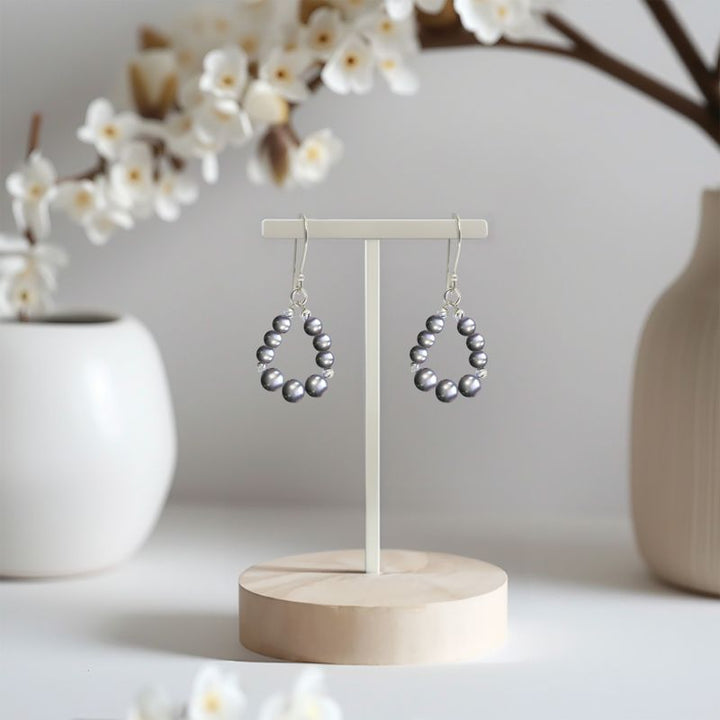 Silver Drop Earrings with Black Pearl Teardrop Beads