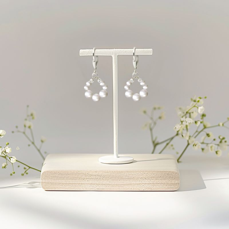 Silver Circular Earrings with White Pearl Beads