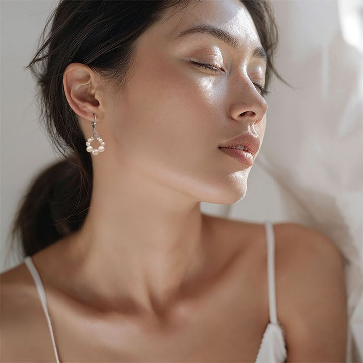 Silver Circular Earrings with White Pearl Beads