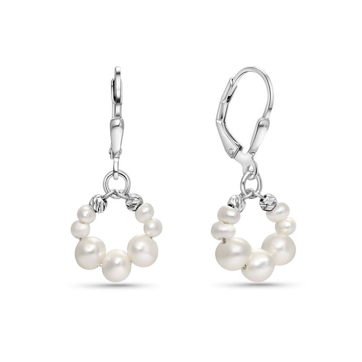 Silver Circular Earrings with White Pearl Beads