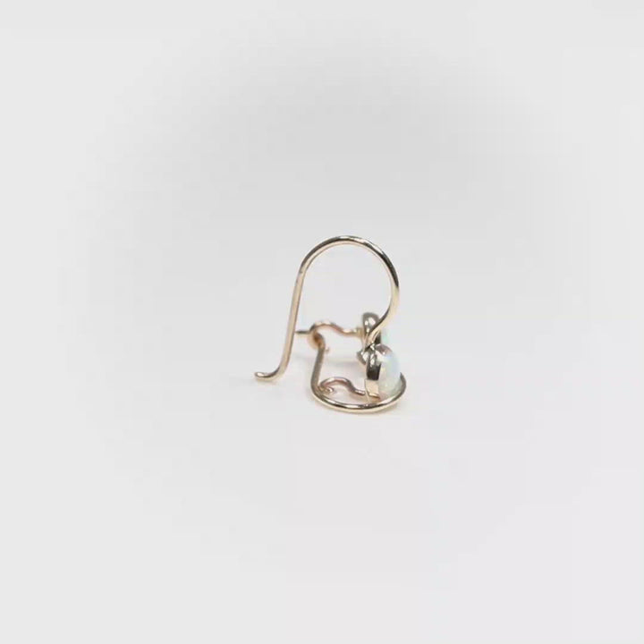 14K Yellow Gold Round White Opal 4mm Dangle Earrings