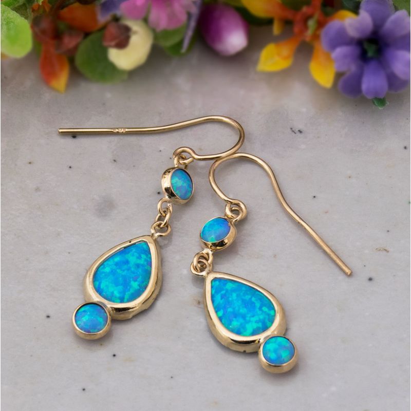 14k Solid Gold Blue Opal Dangle Earrings