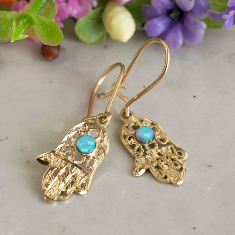 14k Solid Gold Hamsa Drop Earrings with Turquoise Gemstone