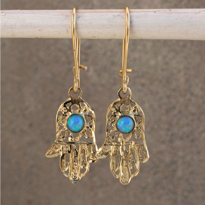 14k Solid Gold Hamsa Drop Earrings with Turquoise Gemstone