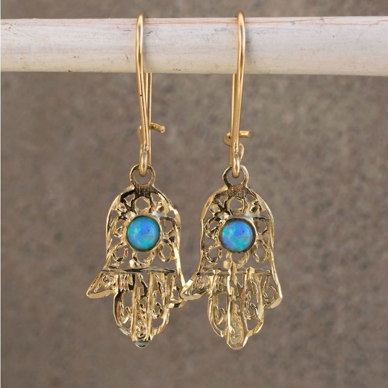 14k Solid Gold Hamsa Drop Earrings with Turquoise Gemstone
