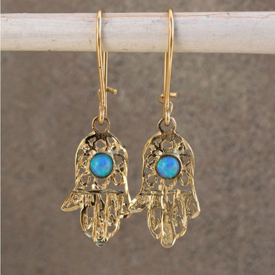 14k Solid Gold Hamsa Drop Earrings with Turquoise Gemstone