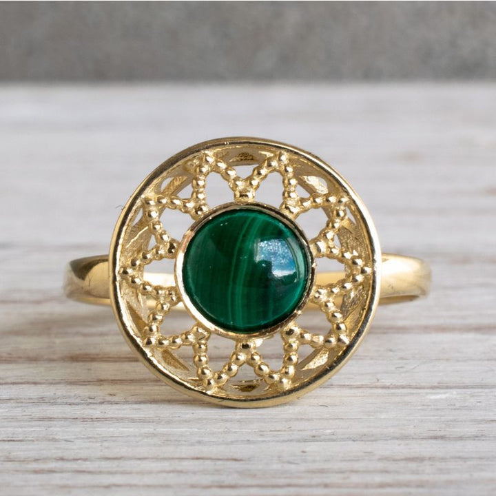 14K Yellow Gold Round Green Malachite Ring - antique ring , Handmade 