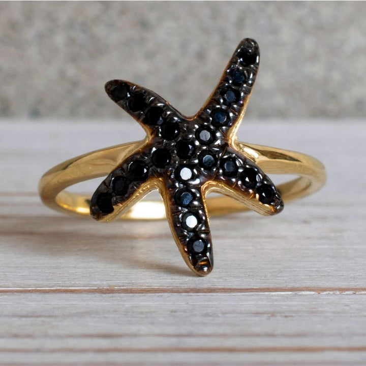 14K Yellow Gold Starfish Black Cubic Zirconia 1.3mm Ring