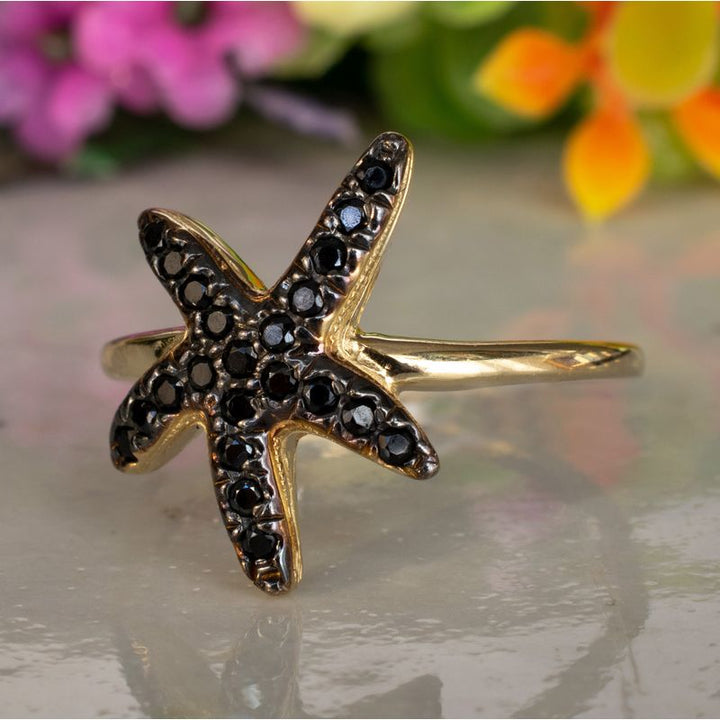 14K Yellow Gold Starfish Black Cubic Zirconia 1.3mm Ring