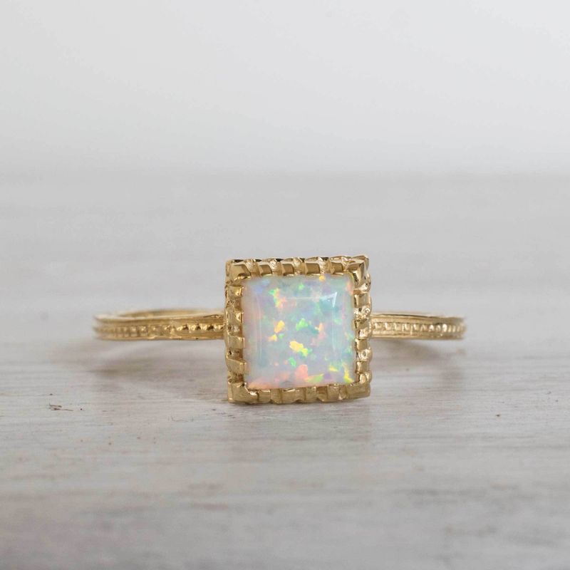 14K Yellow Gold Square White Opal 6X6mm Ring