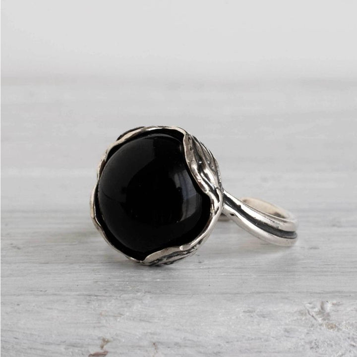 925 Sterling Silver Round Black Onyx 12mm Ring