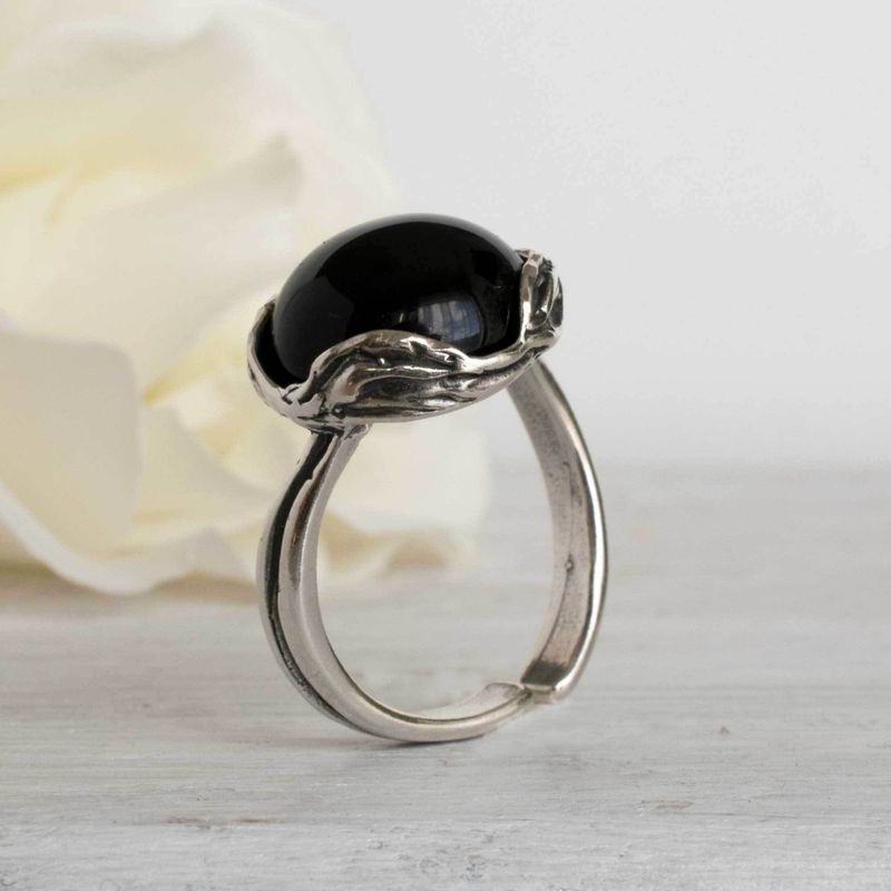 925 Sterling Silver Round Black Onyx 12mm Ring