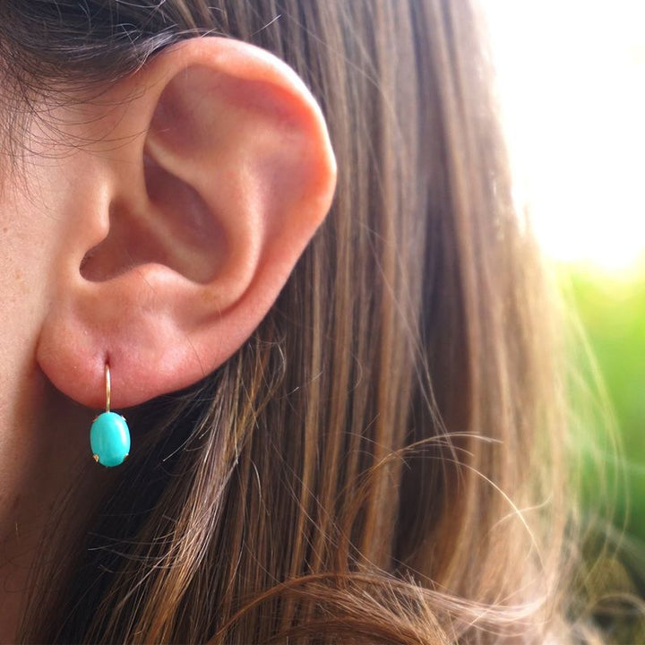 14K Gold Turquoise Oval Dangle Earrings