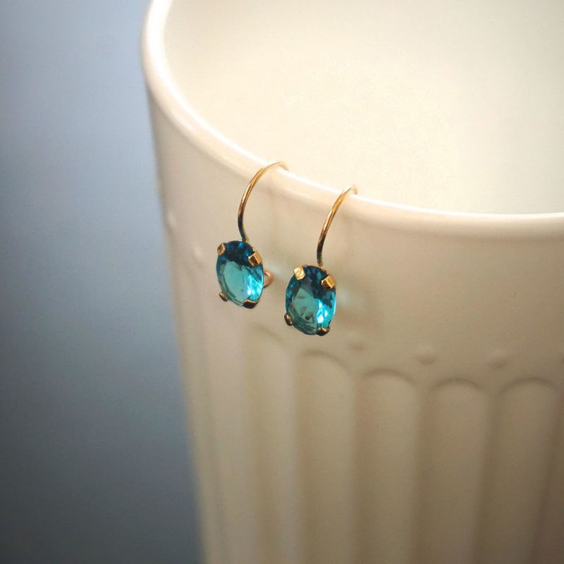 14K Gold Light Blue CZ Oval Dangle Earrings