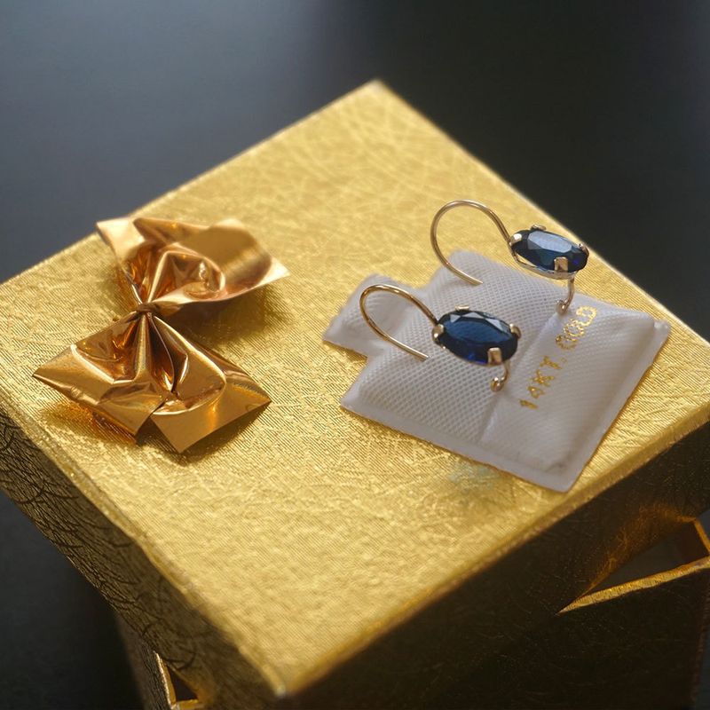 14K Gold Blue CZ Oval Dangle Earrings