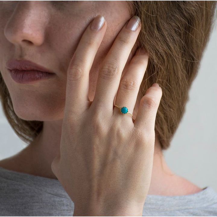 14K Yellow Gold Round Turquoise Turquoise Ring - Stacking Ring - Handmade Jewelry