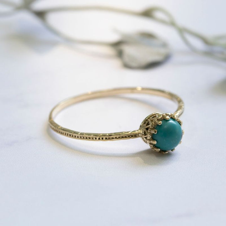 14K Yellow Gold Round Turquoise Turquoise Ring - Stacking Ring - Handmade Jewelry