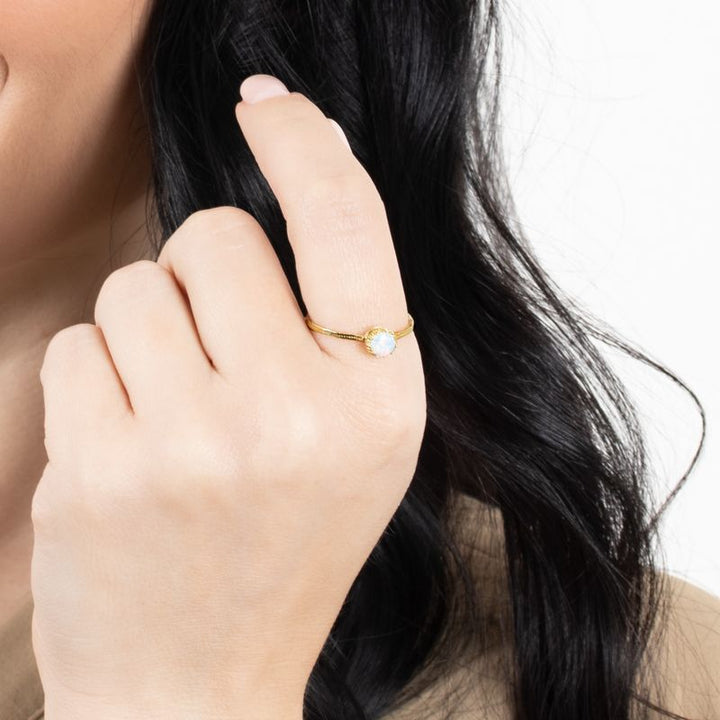14K Gold Round Dainty Ring Inlaid With White Opal