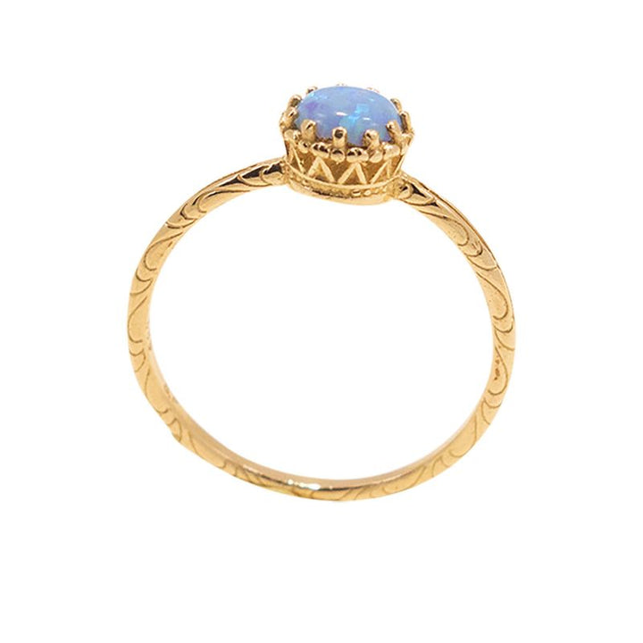 14K Yellow Gold Round Blue Opal Dainty Ring